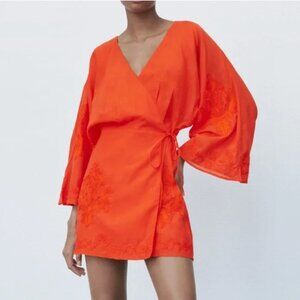 Zara Kaftan Kimono Wrap Embroidered Hem & Sleeve Dress size medium